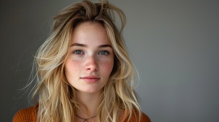 Wall Mural - Portrait of a beautiful blonde woman with freckles against a soft gray background