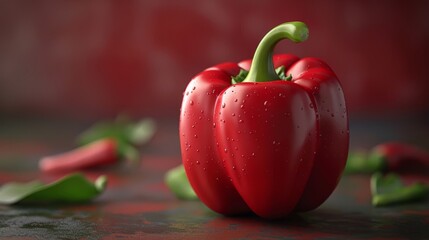 Wall Mural - Fresh red bell pepper displayed with green leaves on a rustic surface