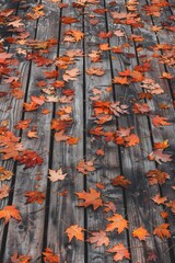 Poster - A wooden deck covered with vibrant red and orange leaves, perfect for autumn or fall-themed images