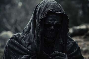 Poster - A person wearing a black face mask and a hood, great for anonymous or stealthy scenes