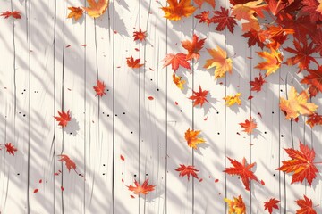 Wall Mural - Autumn leaves falling on a wooden floor, great for seasonal or interior design scenes