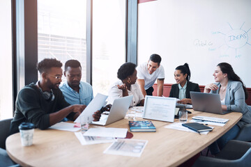 Poster - Business people, reading or documents in meeting for teamwork, partnership or collaboration in startup. Planning, development and group discussion for feedback, brainstorming and project paperwork