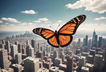 monarch butterfly soaring over a cityscape