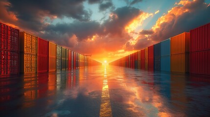 Colorful Cargo Containers at Sunset, Ideal for Logistics and Trade Publications