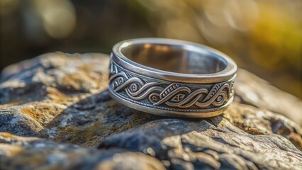 Ancient matte metal Viking ring with ornamental friezes displayed on a rock , viking, ring, metal, ancient, ornamental