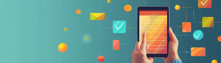 Colorful illustration of hands using tablet with floating icons, representing digital communication and notifications.