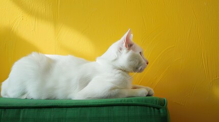 Poster - Profile of white cat resting on green couch with yellow wall background Pink ears and nose displayed