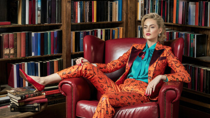 Poster - A woman in a suit sitting on an orange chair next to books, AI