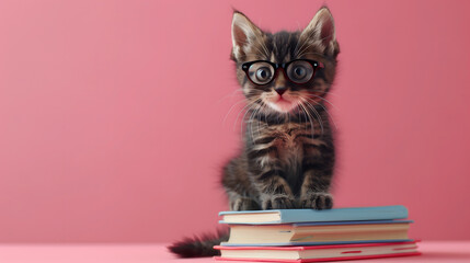 Wall Mural - Cute grey kitted in black framed glasses on the stack of books, isolated in bright pink background. Back-to-school banner with copyspace