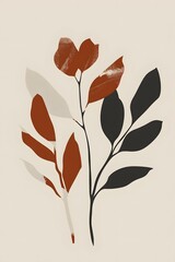 Abstract Minimalist Botanical Art Print with Brown and Black Leaves