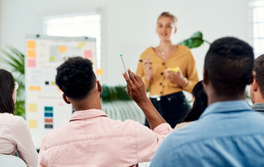 Aufkleber - Business woman, meeting and presentation question with professional, board and press staff. Working, planning and answer at publisher company with communication and brainstorming for creative ideas
