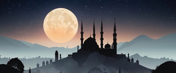 Wall Mural - Dark night sky with crescent moon, stars, and silhouette of a mosque