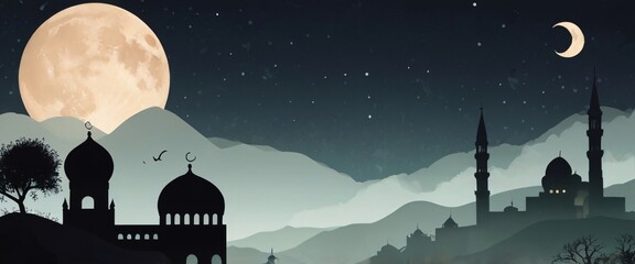 Wall Mural - Dark night sky with crescent moon, stars, and silhouette of a mosque