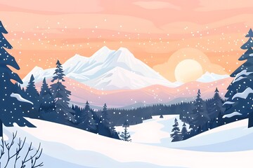 Sticker - Snowy Mountain Landscape Winter Sunset Illustration