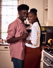 Sticker - Black couple, wine and glasses with people in smile portrait, drink and love for relationship anniversary. Care, hug and celebrating on happiness date or alcohol on weekend, commitment and bonding