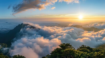 Wall Mural - The sky is filled with clouds and the sun is setting. The clouds are white and fluffy, and the sun is orange and low in the sky. The scene is peaceful and serene, with the clouds