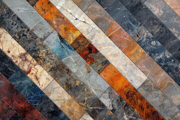 Wall Mural - A colorful mosaic tile pattern with a mix of blue, orange, and gray tiles. The tiles are arranged in a zigzag pattern, creating a visually interesting and dynamic design