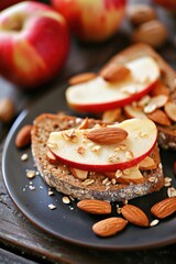 Canvas Print - A plate of bread with two apples and almonds on top. The plate is on a wooden table