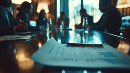 Poster - A group of people are sitting around a table with a piece of paper on it. Scene is serious and focused