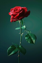 Canvas Print - A single red rose is the main focus of the image. The rose is standing tall and is surrounded by green leaves. Scene is serene and peaceful, as the rose is the only object in the scene