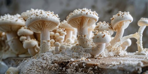 Wall Mural - A group of mushrooms are sitting on a wooden surface. The mushrooms are white and appear to be dried out