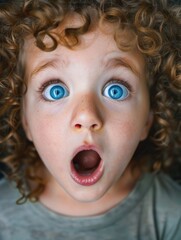 Wall Mural - A young girl with blue eyes and curly hair is shown with her mouth wide open. Concept of surprise or excitement