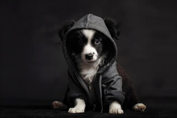 Wall Mural - A small black and white dog is wearing a hoodie