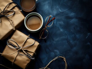 Wall Mural - A pair of glasses sits on a table next to two brown boxes. The boxes are wrapped in brown paper and have ribbons tied around them. A cup of coffee is also on the table, adding to the cozy atmosphere