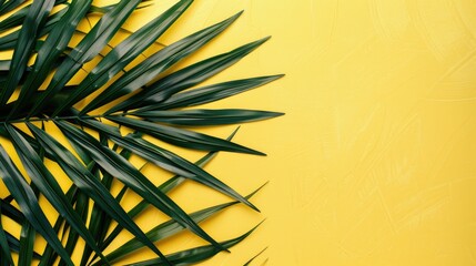 Wall Mural - Minimal fashion concept with tropical palm leaf on yellow backdrop