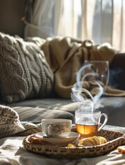 Wall Mural - A tray of food and a cup of tea on a couch. The tray has a variety of food items, including a piece of toast and a cookie