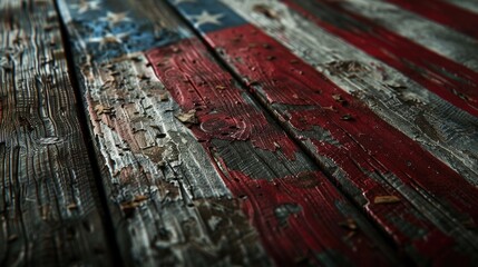 Wall Mural - A wooden floor with a red, white and blue American flag on it. The flag is old and worn, with some parts of it missing. The floor is made of wood and has a rustic, vintage feel to it