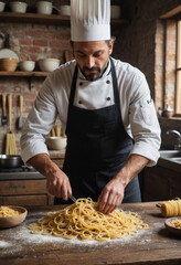 Wall Mural -  An Italian chef preparing pasta in a rustic kitchen. 