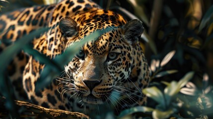 Wall Mural - A jaguar is looking at the camera in the jungle. Scene is one of curiosity and wonder, as the jaguar seems to be intrigued by the camera's presence