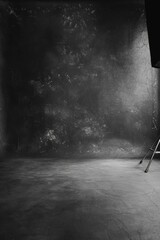 Wall Mural - A black and white photo of a studio with a dark background and a light source. The mood of the photo is somber and mysterious