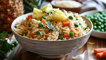 Poster - A bowl of rice with carrots, peas, and pineapple on a wooden table looks colorful and appetizing