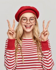 Wall Mural - Young blonde woman in red beret and glasses making peace sign. AI.