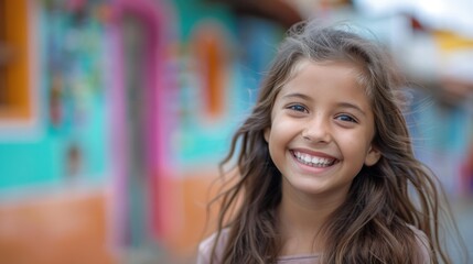 Poster - A young girl smiles brightly for the camera. AI.