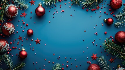 Canvas Print - Christmas banner with blue background and holiday decorations with space for text