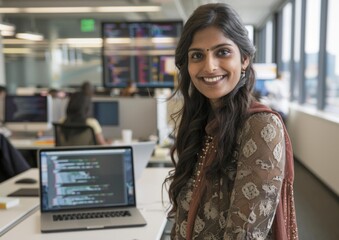 Portrait of a young woman smiling in an office. AI.