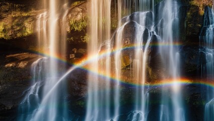 Poster - A waterfall with a rainbow in the background and some trees, AI