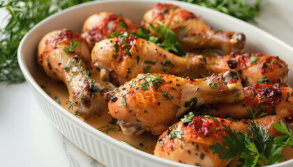 Poster - In the white casserole dish are chicken legs and parsley, a delicious meal ready to be served