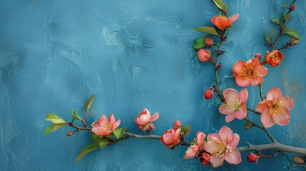 Wall Mural - Quince branch in bloom on blue background space for text