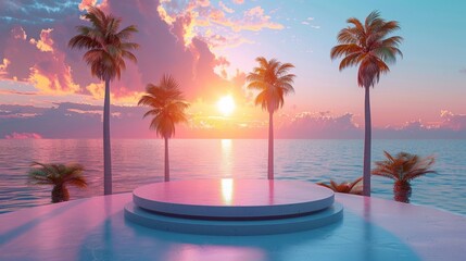 Tropical beach at sunset with an empty podium reflecting warm colors. Perfect for product placement or presentations. Palm trees swaying and ocean in the background