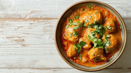 Sticker - Overhead shot of tasty chicken curry in a bowl on a light wooden surface with room for text