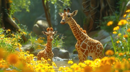 Wall Mural - Two Giraffes in a Lush Green Forest