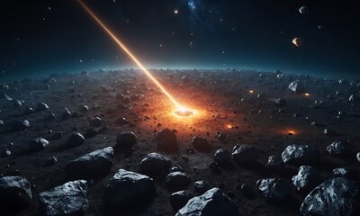 Wall Mural - A dense field of asteroids orbiting a distant star, with some asteroids featuring strange, glowing minerals.