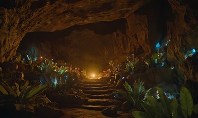 Wall Mural - the interior of a cave on a distant moon, with glowing crystals and strange, luminescent plants ador