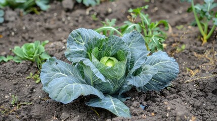 Sticker - Cabbage growing in backyard garden with nibbled outer leaves among young plants in summer