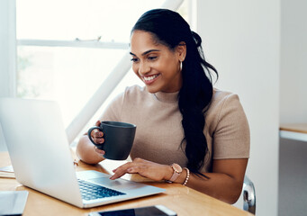 Sticker - Woman, happy and coffee or laptop at desk for research, email or online review in morning. Journalist, technology and smile or writing article and internet for creativity, career or blog for company