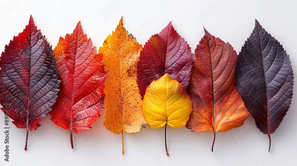 Seven colorful autumn leaves are lying next to each other on a white ...